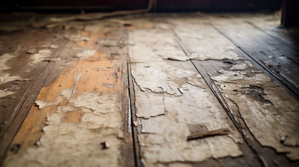 výrazne poškodená drevená podlaha